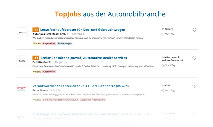 Listeneinträge Topjobs der Automobilbranche